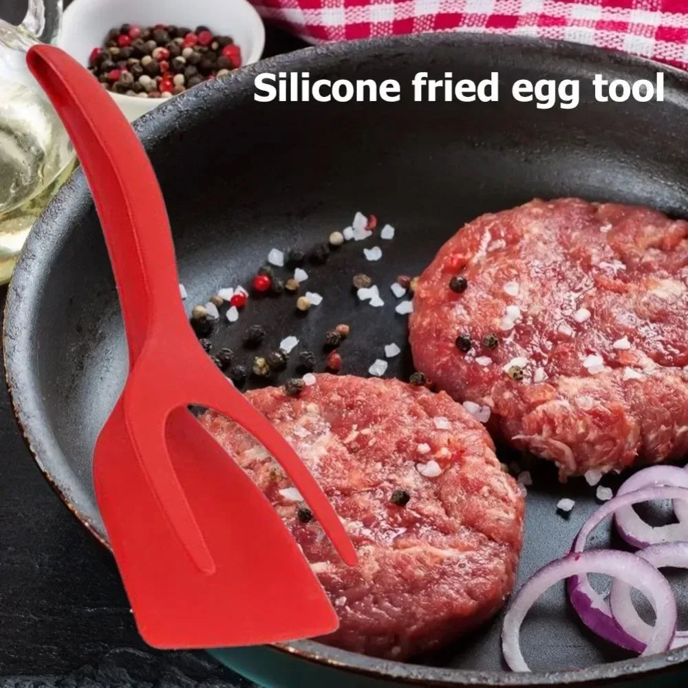 2-in-1 steak frying spatula tongs, 2-in-1 food tongs, eggs, toasted bread, fried eggs, flip spatula kitchen accessories