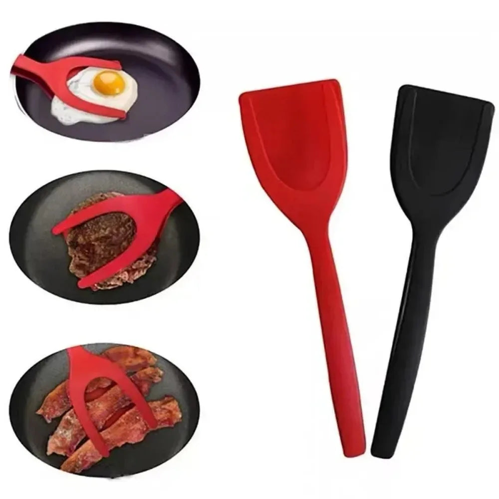 2-in-1 steak frying spatula tongs, 2-in-1 food tongs, eggs, toasted bread, fried eggs, flip spatula kitchen accessories